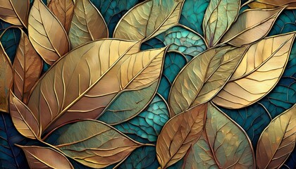 Golden leaves on a teal background