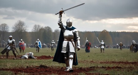 Medieval European knight in shining armor with sword raised standing on a bloody field after a fierce battle