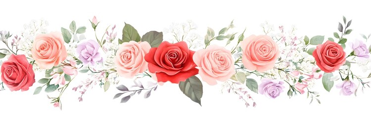 Watercolor, pink and red roses border clipart, white background,