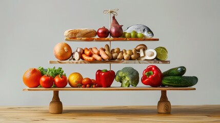 Balanced diet pyramid with various healthy foods displayed generated with AI