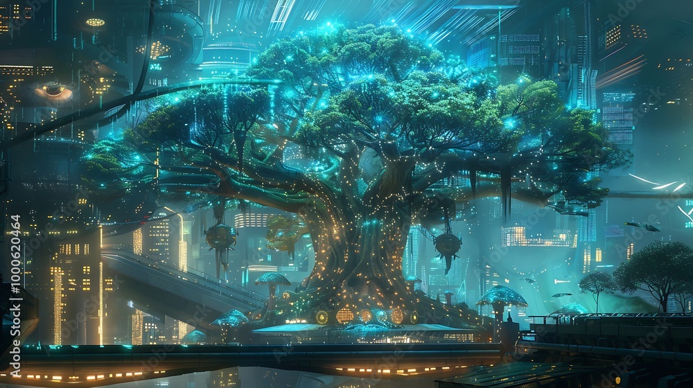 Poster glowing tree stands tall in a futuristic cityscape, illuminated by neon lights. the tree's branches 