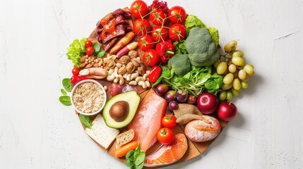 Fresh fruits and vegetables around a white plate generated with AI