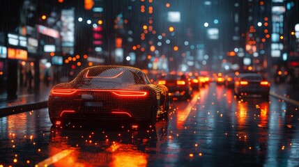  Futuristic sports car driving through a neon-lit city in the rain, creating a cyberpunk atmosphere with glowing lights reflecting off wet streets
