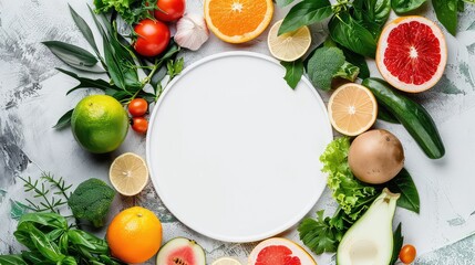 Fresh fruits and vegetables around a white plate generated with AI