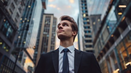 Young business man stands at the foot of an office building, gazing towards the horizon with...