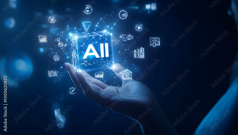 Poster a person holding an ai cube with various icons and symbols floating around it, representing the use 