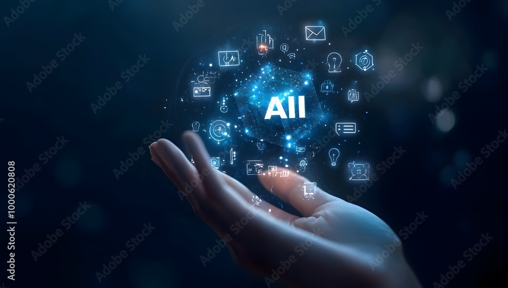 Poster a person holding an ai cube with various icons and symbols floating around it, representing the use 