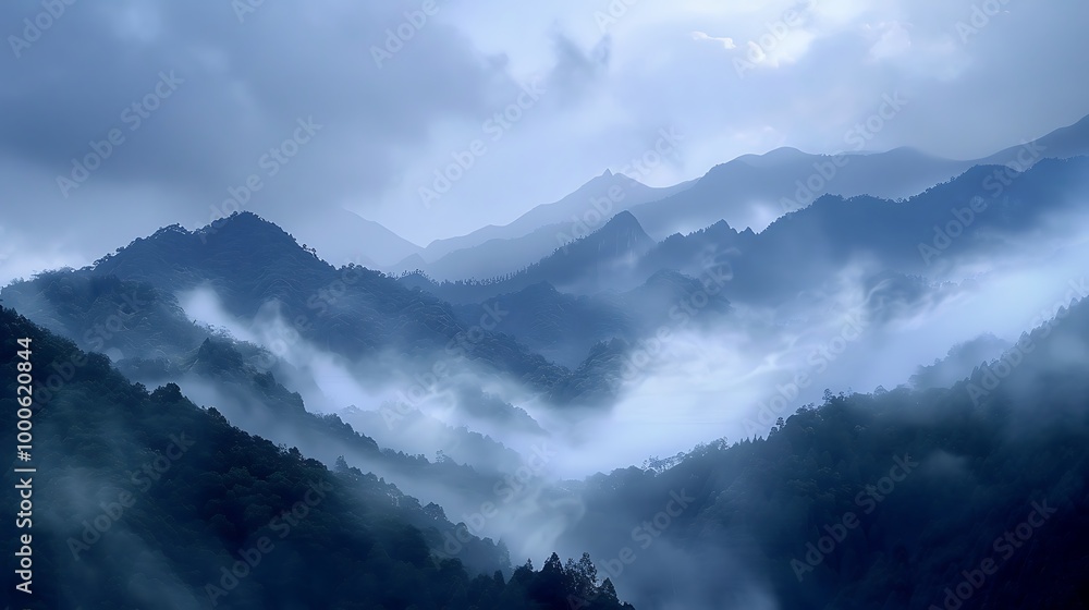 Poster panoramic view of misty mountains with fog swirling through the valleys, creating a serene and peace