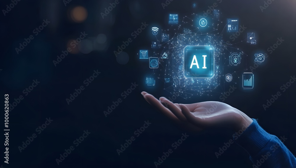 Poster a person holding an ai cube with various icons and symbols floating around it, representing the use 