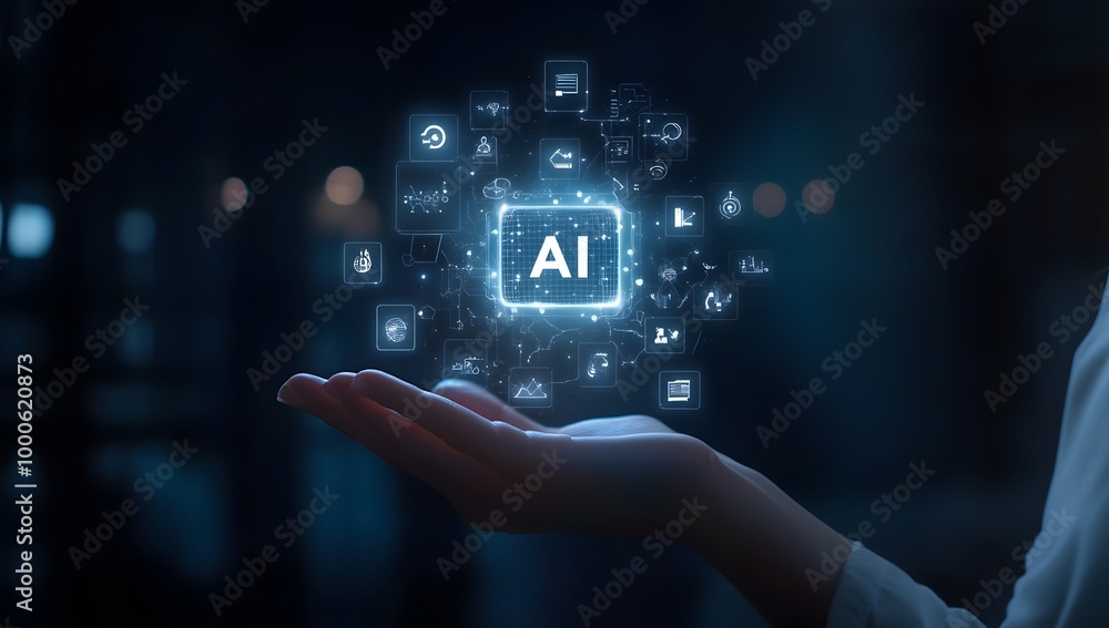Poster a person holding an ai cube with various icons and symbols floating around it, representing the use 