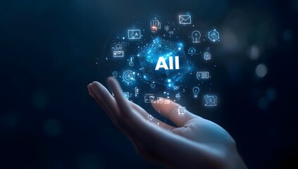 A person holding an AI cube with various icons and symbols floating around it, representing the use of artificial intelligence in business.