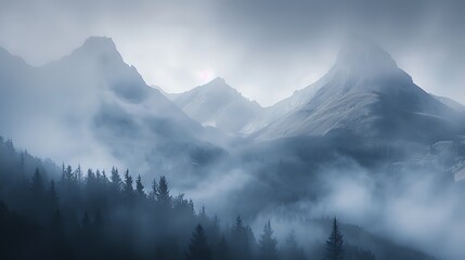 Obraz premium Misty mountain landscape with dense fog covering the peaks and forest, creating a serene and atmospheric scene.