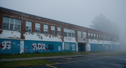 Obraz premium Old weathered high school with chipped walls graffiti covering parts of the facade and thick fog enveloping the scene