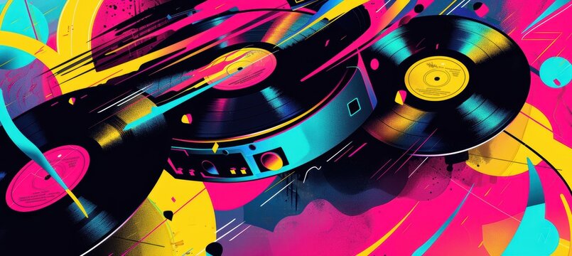Retro 90s Music Banner with Vinyl Records, Cassettes, and Jukebox in Neon Abstract Background