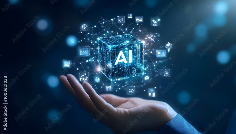 Poster a person holding an ai cube with various icons and symbols floating around it, representing the use 