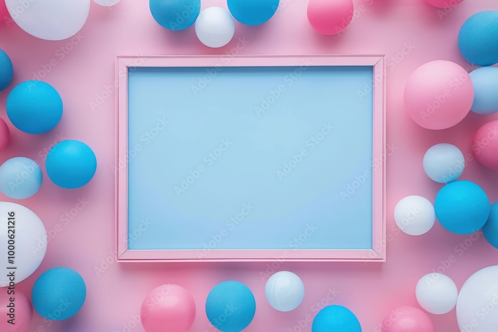 Fototapete blue balls background with pink frame and white screen for text, top view. the design is minimalisti