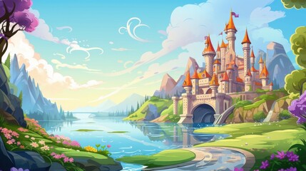 Naklejka premium A Majestic Castle by a Serene Lake in a Fantasy Landscape