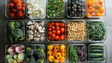 Assorted Fresh Vegetables and Ingredients in Bowls on Table generated with AI