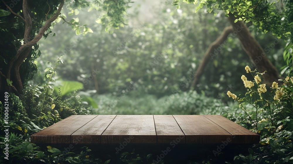 Poster 1. an empty wooden tabletop podium set in a lush garden within an open forest, surrounded by softly 