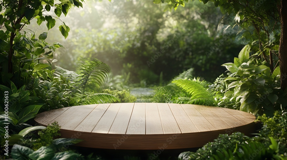Poster 1. an empty wooden tabletop podium set in a lush garden within an open forest, surrounded by softly 