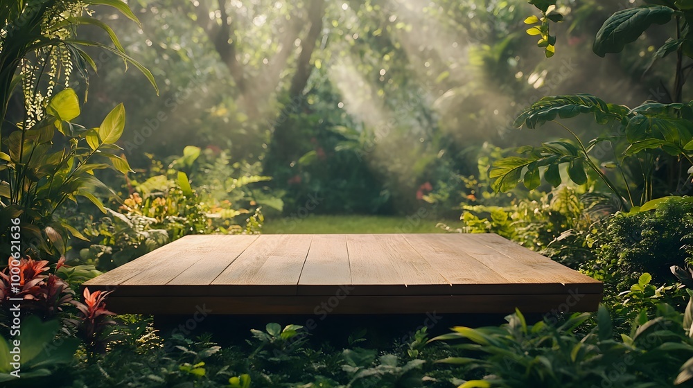 Poster 1. an empty wooden tabletop podium set in a lush garden within an open forest, surrounded by softly 
