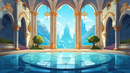 A Palace Hallway with a View of a City Above the Clouds