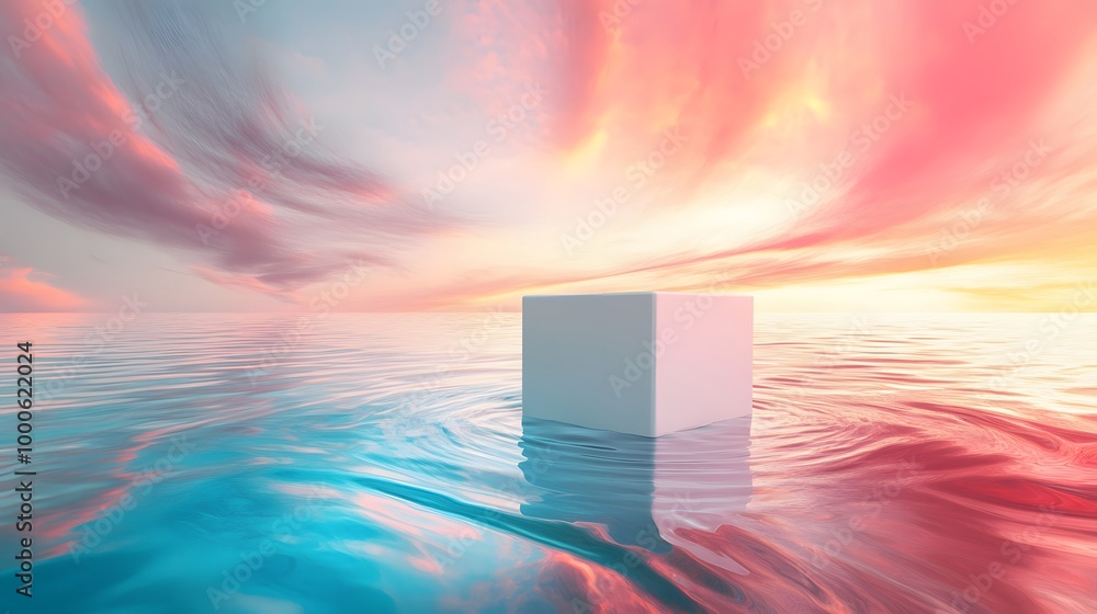 Poster 3. a captivating 3d illustration of a white cube podium effortlessly hovering above the ocean, surro