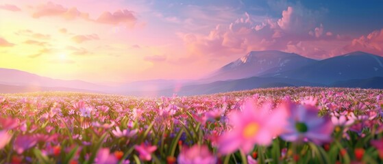 Vibrant Spring Fantasy Landscape, a lush field blooming with colorful flowers under a breathtaking sky, infused with anime-inspired hues, ideal for immersive digital art.
