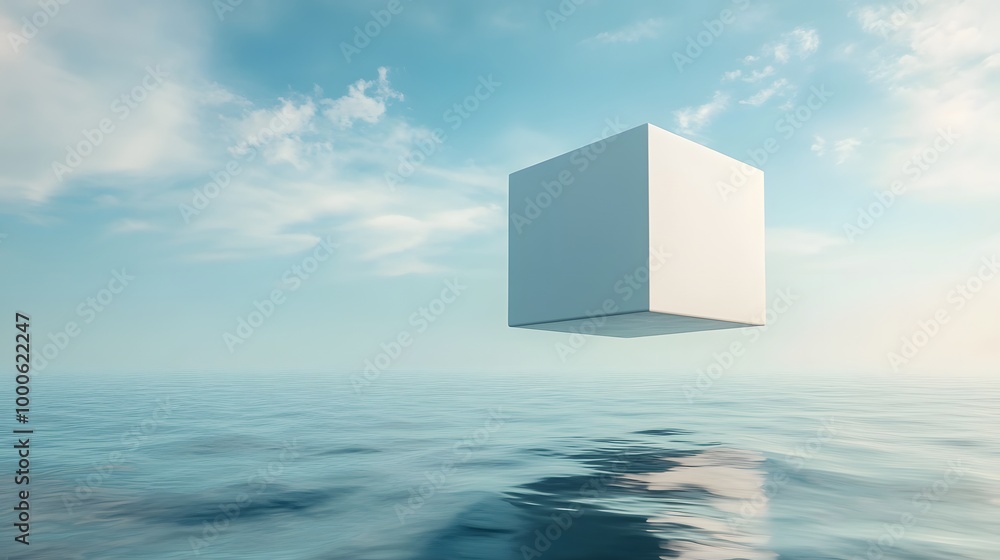 Poster 4. a surreal 3d rendering of a floating white cube podium above a vast ocean, with an abstract minim