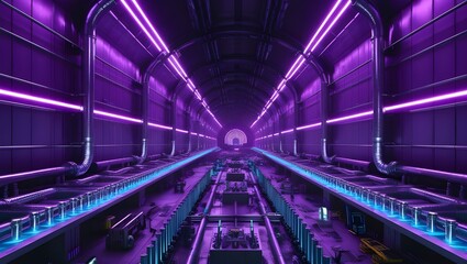 Futuristic Colorful Tunnel Warehouse with Metal Panels, Neon Laser Lights, Sci-Fi Glowing Blue Tubes, Cyber Interior, Garage Hangar Corridor, 3D Rendering