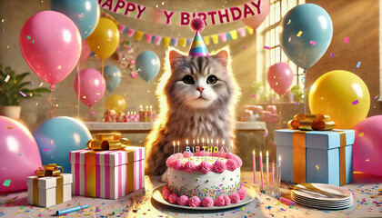 Unique happy birthday greeting cards with a cute cat and birthday cake illustration, set in a 3D background.