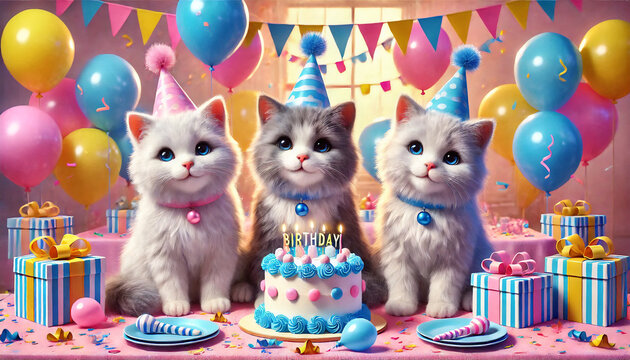 Celebrate with cute cat happy birthday greeting cards featuring a 3D background, candles, and a cake illustration.