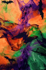 Chaotic Halloween Abstract Background with Neon Colors and Blurred Bat Silhouettes for Posters and Cards