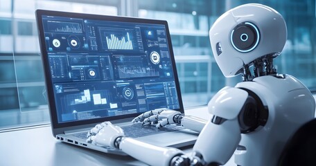 A robotic figure sits at an office desk, typing on a laptop with digital screens floating around it, 