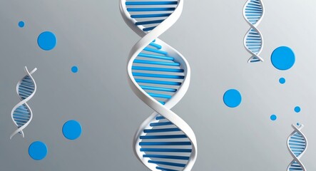 White and gray DNA helix with blue data points scattered around over a minimalist clean clinical background