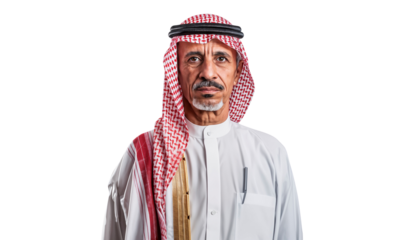 Portrait of a senior Saudi Middle Eastern man wearing traditional clothes, isolated on transparent background