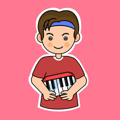 Cute Boy Playing with Toy Keyboard. Vector Illustration. Playful Music Performance. Adorable Stickers