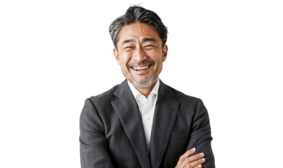 Portrait of a Japanese businessman, smiling and laughing in a suit, standing with arms crossed, isolated on transparent background