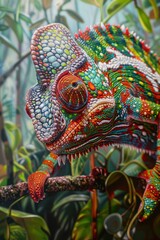 Vibrant Chameleon Blending into Lush Rainforest - Nature Wildlife Photography for Posters and Prints