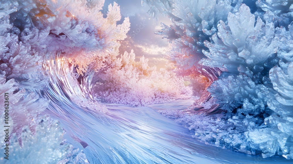 Aufkleber 5. an imaginative winter landscape in 3d, featuring dreamlike ice crystals and flowing snow patterns