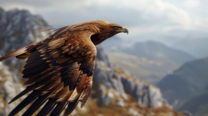 Fototapeta premium Majestic Golden Eagle Soaring Over Rugged Mountain Range During Clear Sky Day