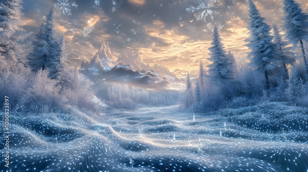 Poster 5. an imaginative winter landscape in 3d, featuring dreamlike ice crystals and flowing snow patterns