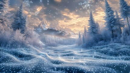 5. An imaginative winter landscape in 3D, featuring dreamlike ice crystals and flowing snow patterns, creating an abstract scene that blurs the lines between reality and fantasy