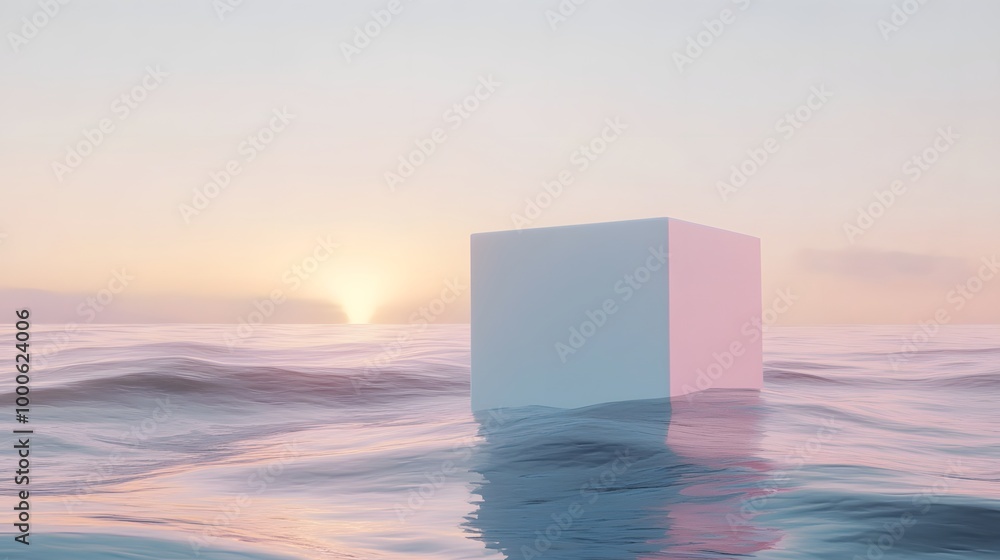 Aufkleber 1. a striking 3d render of a white cube podium floating serenely above a calm ocean, set against an 