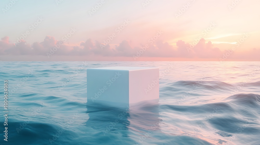 Poster 1. a striking 3d render of a white cube podium floating serenely above a calm ocean, set against an 