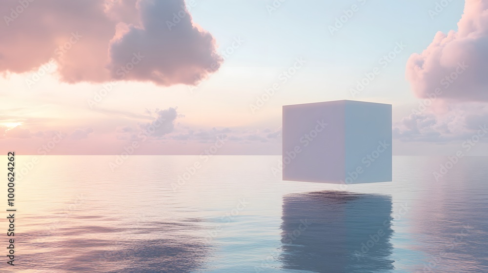 Poster 2. an ethereal scene featuring a white cube podium suspended over the ocean, with a dreamlike minima