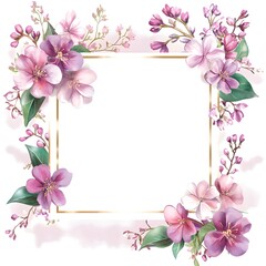 A square frame with watercolor pink and purple flowers