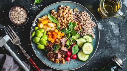 Healthy and Balanced Meal with Various Nutrients and Ingredients generated with AI