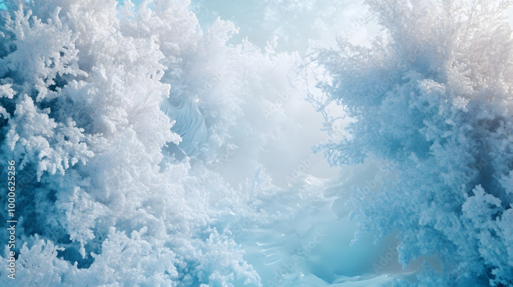 Poster 2. an enchanting 3d rendering of an abstract winter scene, showcasing warped ice formations and fros