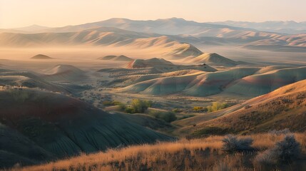 Obraz premium Sunrise over colorful Painted Hills in Oregon with golden light illuminating layered landscape for creating breathtaking panorama natural wonder and scenic beauty concept.